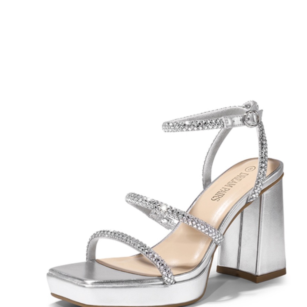 Strappy Chunky Heel Platform Rhinestone Sandals silver